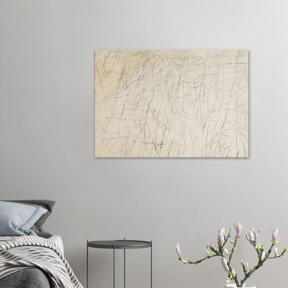 The Geeks by Cy Twombly canvas print: a warm ivory background filled with delicate pencil-like lines, overlapping scribbles, angular gestures….
