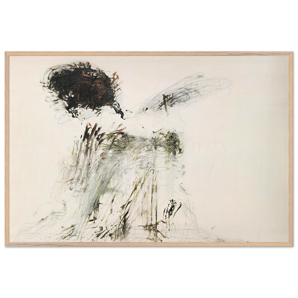 Ides of March by Cy Twombly framed art print; featuring a dramatic mass of black and dark brown marks in the upper-left area, delicate gray lines, earthy green accents; size 28 × 43 cm (11 × 17 in); wood frame.