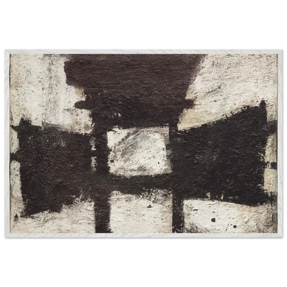 Zyig by Cy Twombly framed art print; featuring bold black and dark brown geometric forms against a textured ivory background; size 28 × 43 cm (11 × 17 in); black frame.