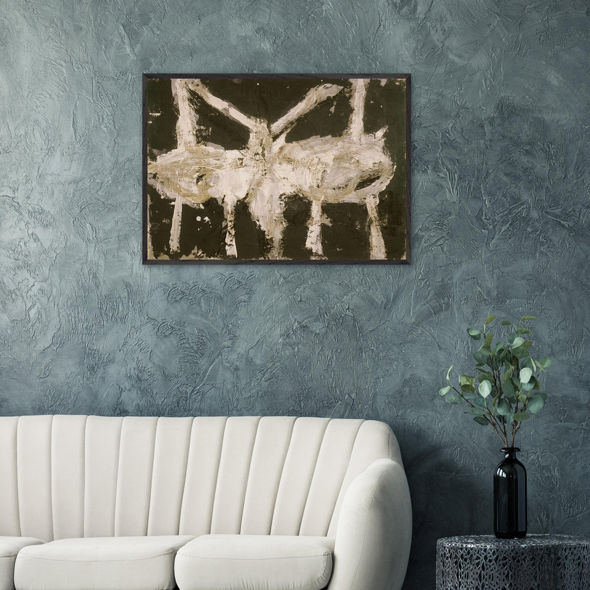 Min-Oe by Cy Twombly framed art print; featuring bold black and deep olive tones contrasted with expressive ivory and cream forms.