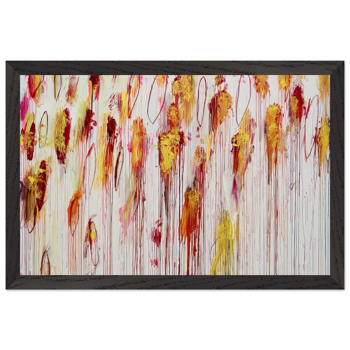Lepanto, Part VIII by Cy Twombly framed art print; featuring vivid golden-yellow and orange brushstrokes, deep crimson and burgundy accents, delicate pink marks; size 30 × 45 cm (12 × 18 in); wood frame.
