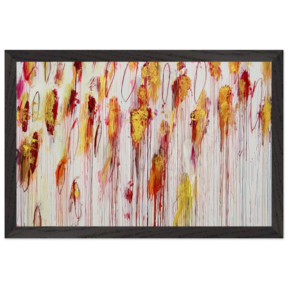 Lepanto, Part VIII by Cy Twombly framed art print; featuring vivid golden-yellow and orange brushstrokes, deep crimson and burgundy accents, delicate pink marks; size 30 × 45 cm (12 × 18 in); wood frame.