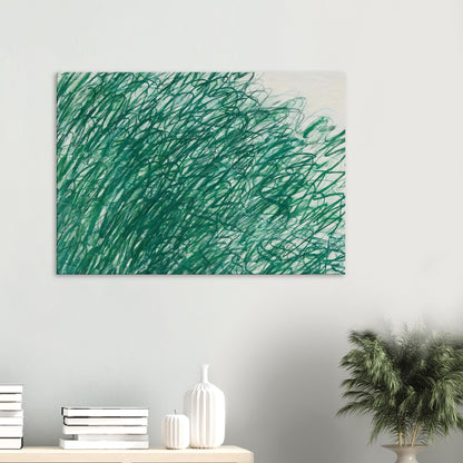 On Returning from Tonnicoda by Cy Twombly canvas print: a dense network of sweeping green lines, overlapping loops, and spontaneous gestural marks across a pale….