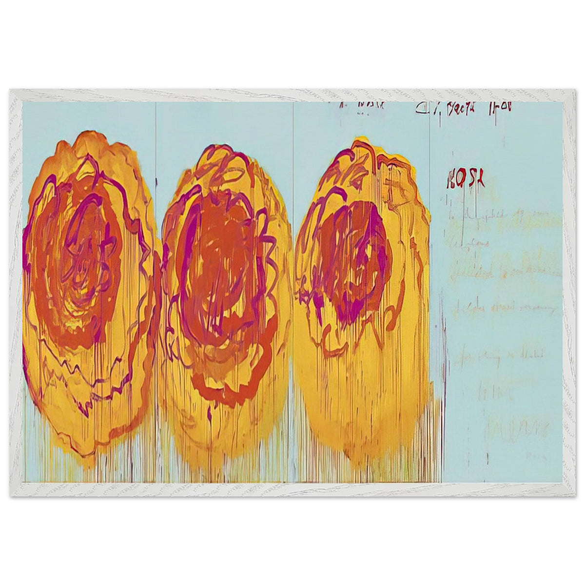 The Rose (I) by Cy Twombly framed art print; featuring three large, abstract rose forms painted in radiant golden yellow, fiery orange, deep red; size 70 × 100 cm (28 × 40 in); black frame.