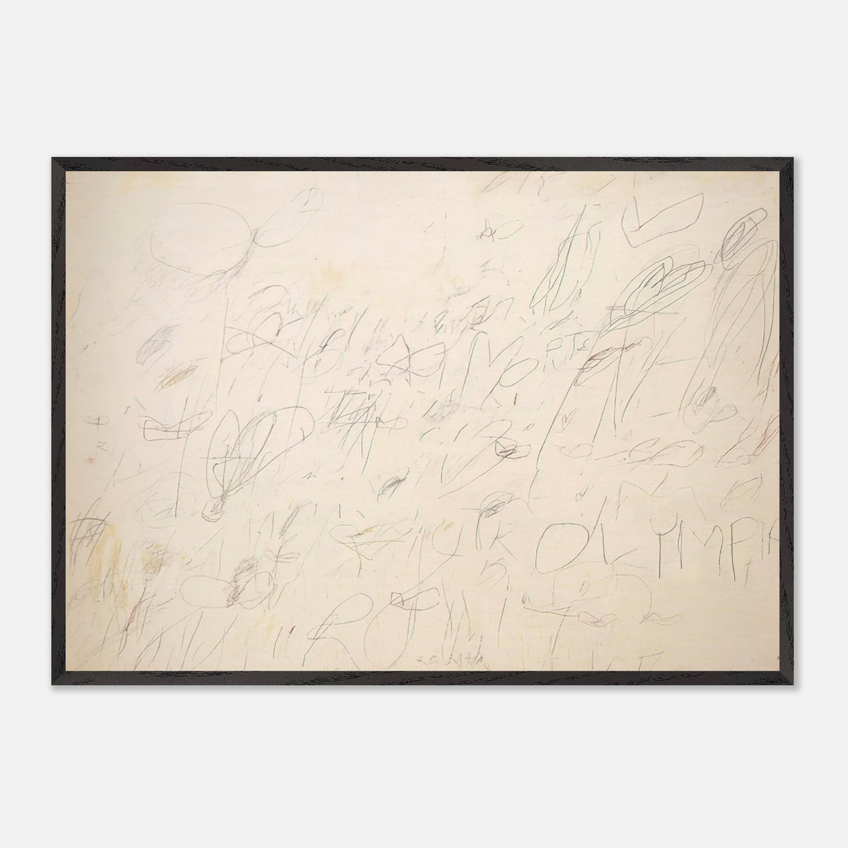 Olympia by Cy Twombly framed art print; featuring a warm ivory and pale cream background covered with delicate pencil-like lines, overlapping scribbles.