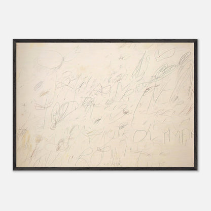 Olympia by Cy Twombly framed art print; featuring a warm ivory and pale cream background covered with delicate pencil-like lines, overlapping scribbles.