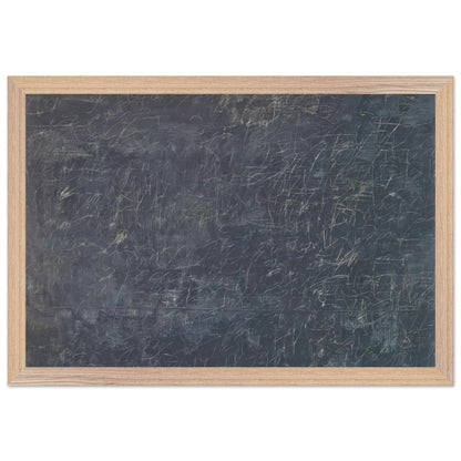 Panorama by Cy Twombly framed art print; featuring a deep charcoal-gray background covered with intricate white and pale-gray scribbles, intersecting lines; size A1 (59.4 × 84.1 cm); wood frame.