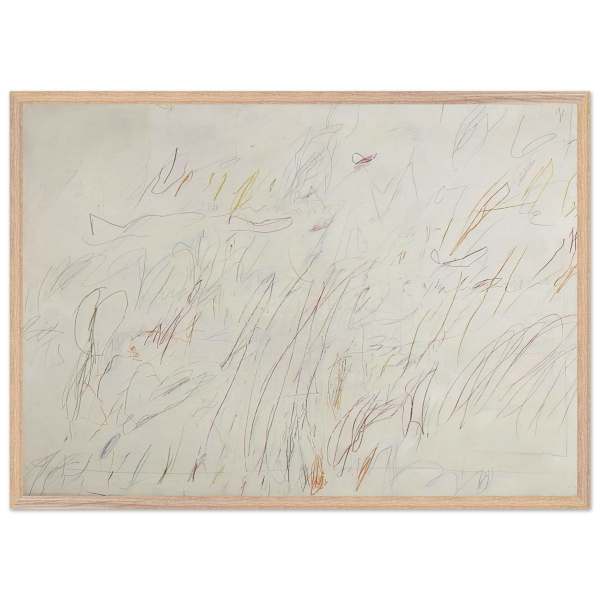 Sunset by Cy Twombly framed art print; featuring a soft ivory background covered with delicate pencil marks, flowing curves, spontaneous scribbles; size 50 × 70 cm (20 × 28 in); wood frame.