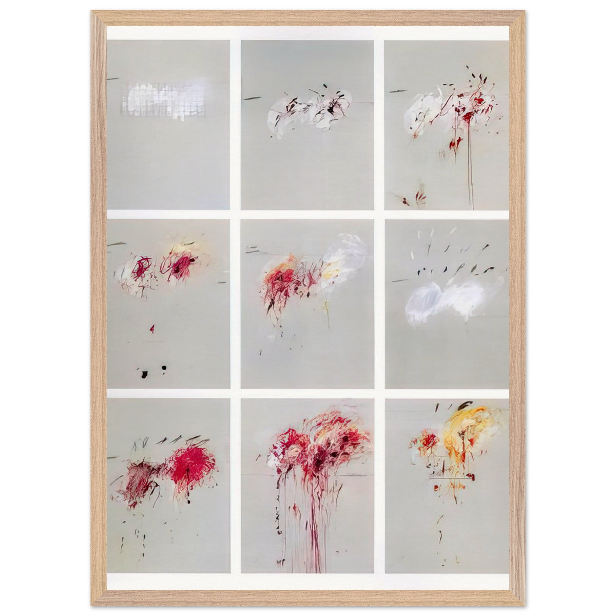 Nine Discourses on Commodus by Cy Twombly, framed art print, nine individual panels distinguished by muted gray backgrounds, 60x80 cm (24x32 in), black frame