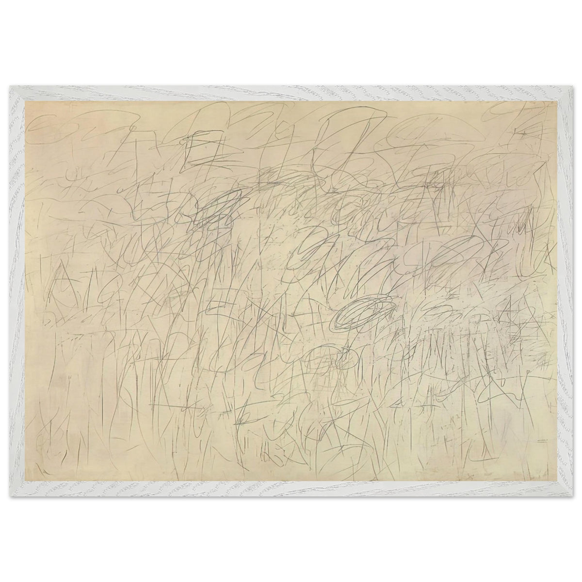 Academy by Cy Twombly framed art print; featuring an intricate network of delicate gray and black scribbles, overlapping lines, spontaneous gestures; size 28 × 43 cm (11 × 17 in); wood frame.