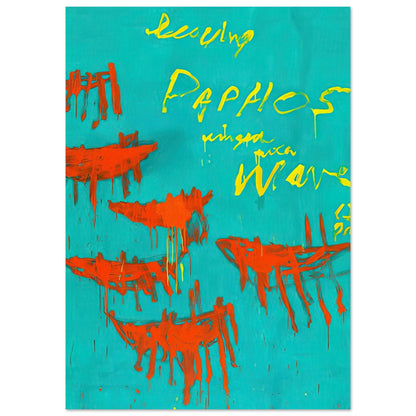 Leaving Paphos Ringed with Waves (III) by Cy Twombly, poster, 60x80 cm / 24x32″; a turquoise background with bold orange-red boat-like forms and spontaneous yellow handwritten lettering