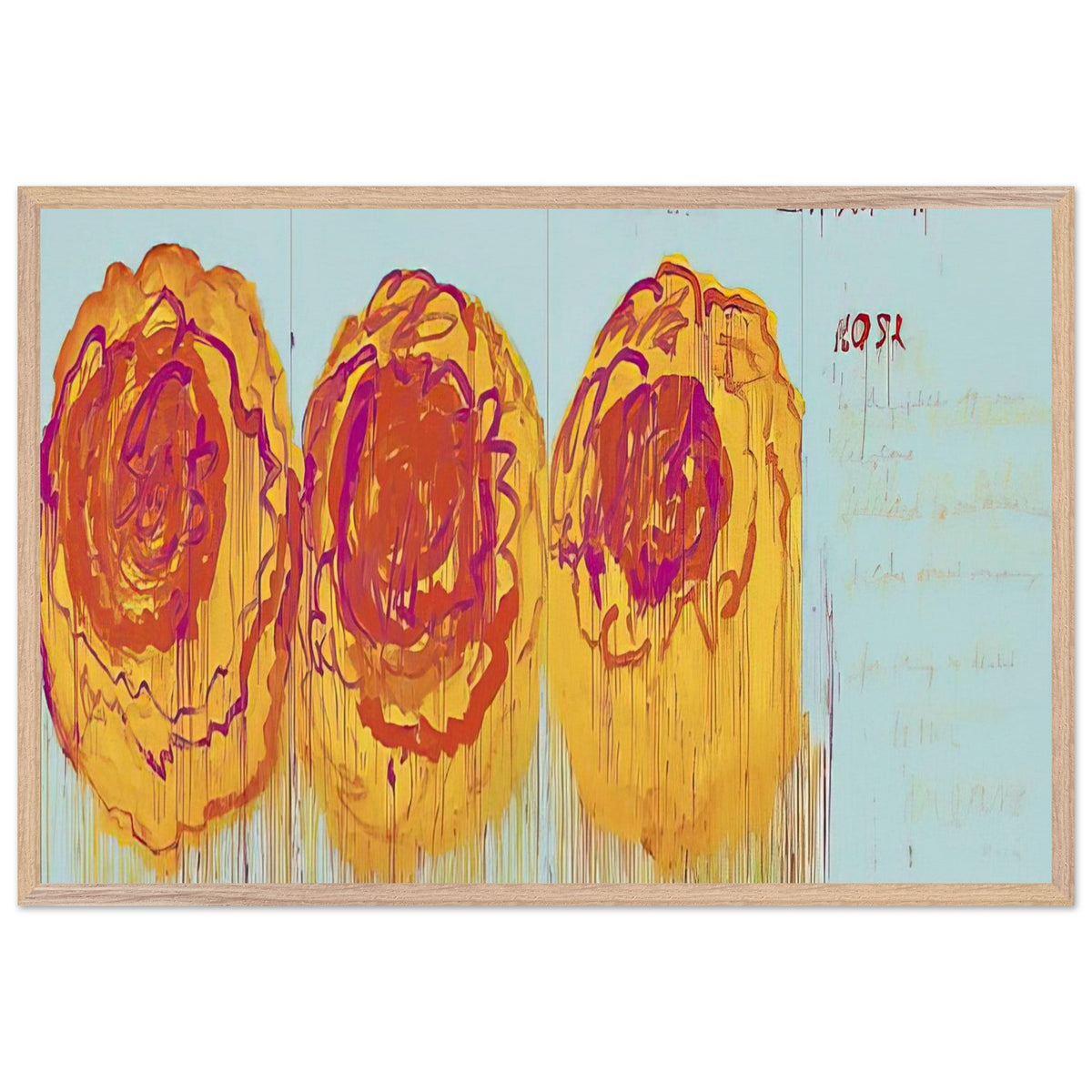 The Rose (I) by Cy Twombly framed art print; featuring three large, abstract rose forms painted in radiant golden yellow, fiery orange, deep red; size 60 × 90 cm (24 × 36 in); wood frame.