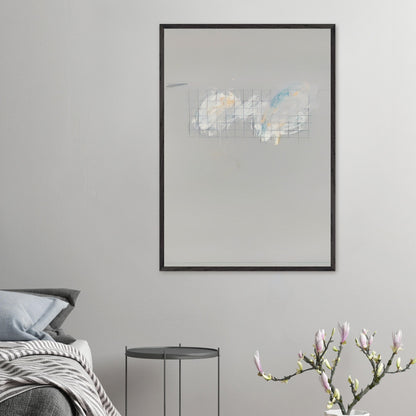 Nine Discourses on Commodus, Part I by Cy Twombly, framed art print; a muted gray background, a delicate grid of intersecting lines, and subtle accents of white, pale blue, yellow