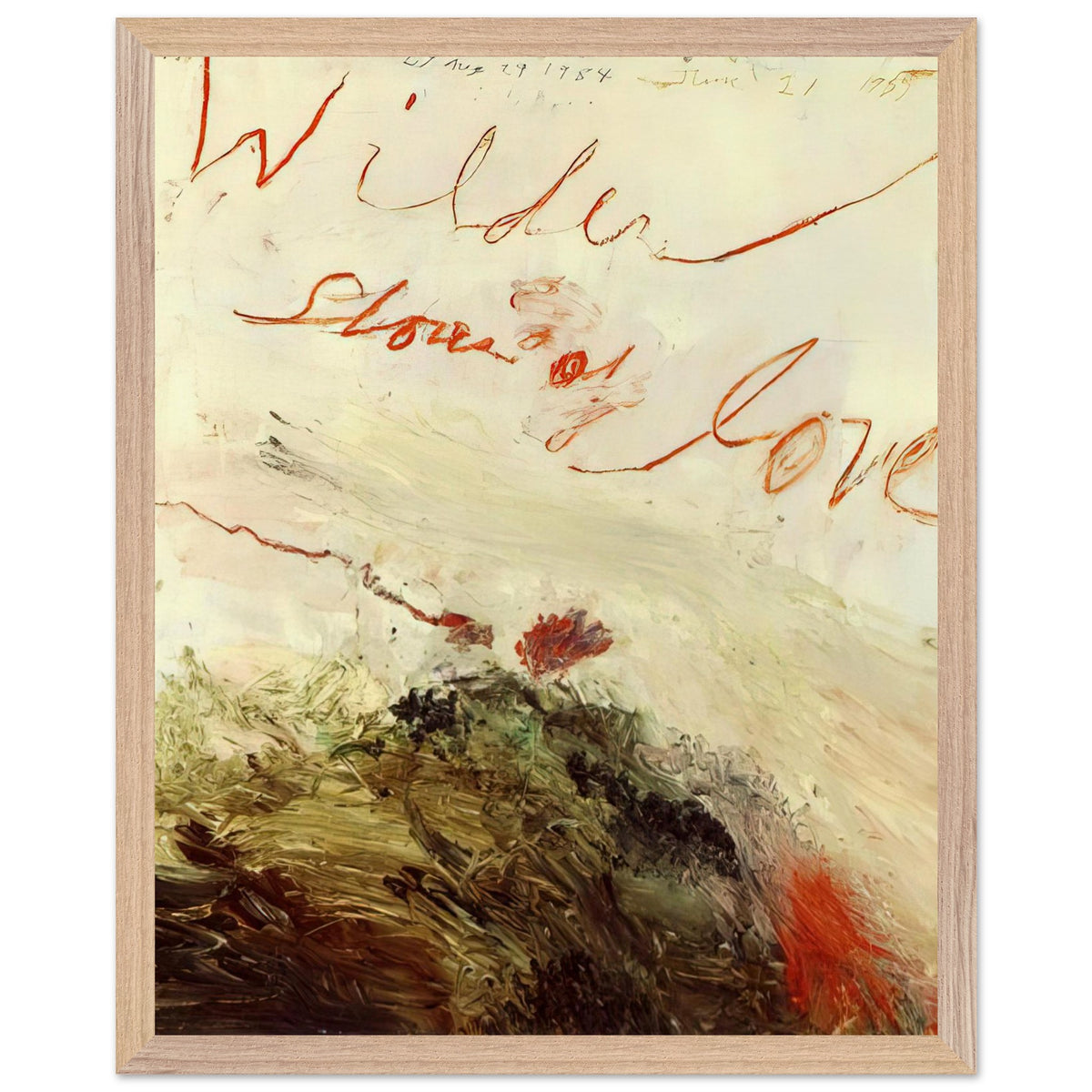 Wilder Shores of Love by Cy Twombly, framed art print, sweeping red and orange handwritten marks, subtle pencil lines, 40x50 cm (16x20 in), white frame