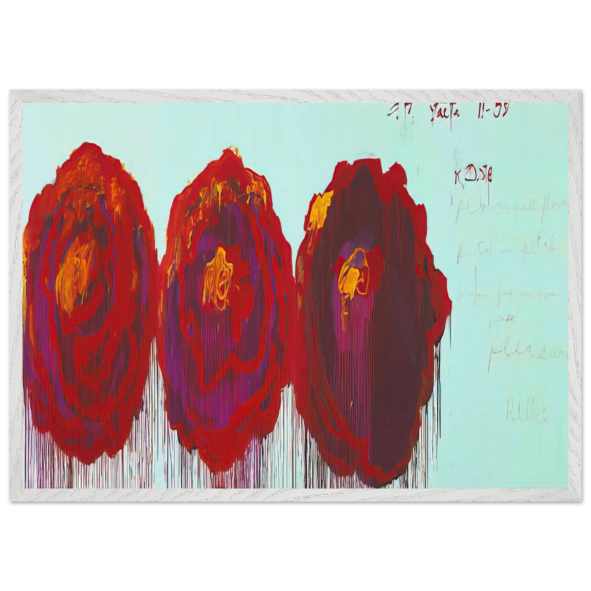The Rose (IV) by Cy Twombly framed art print; featuring three oversized rose forms in deep crimson, fiery red, rich burgundy, and vivid violet; size A1 (59.4 × 84.1 cm); wood frame.