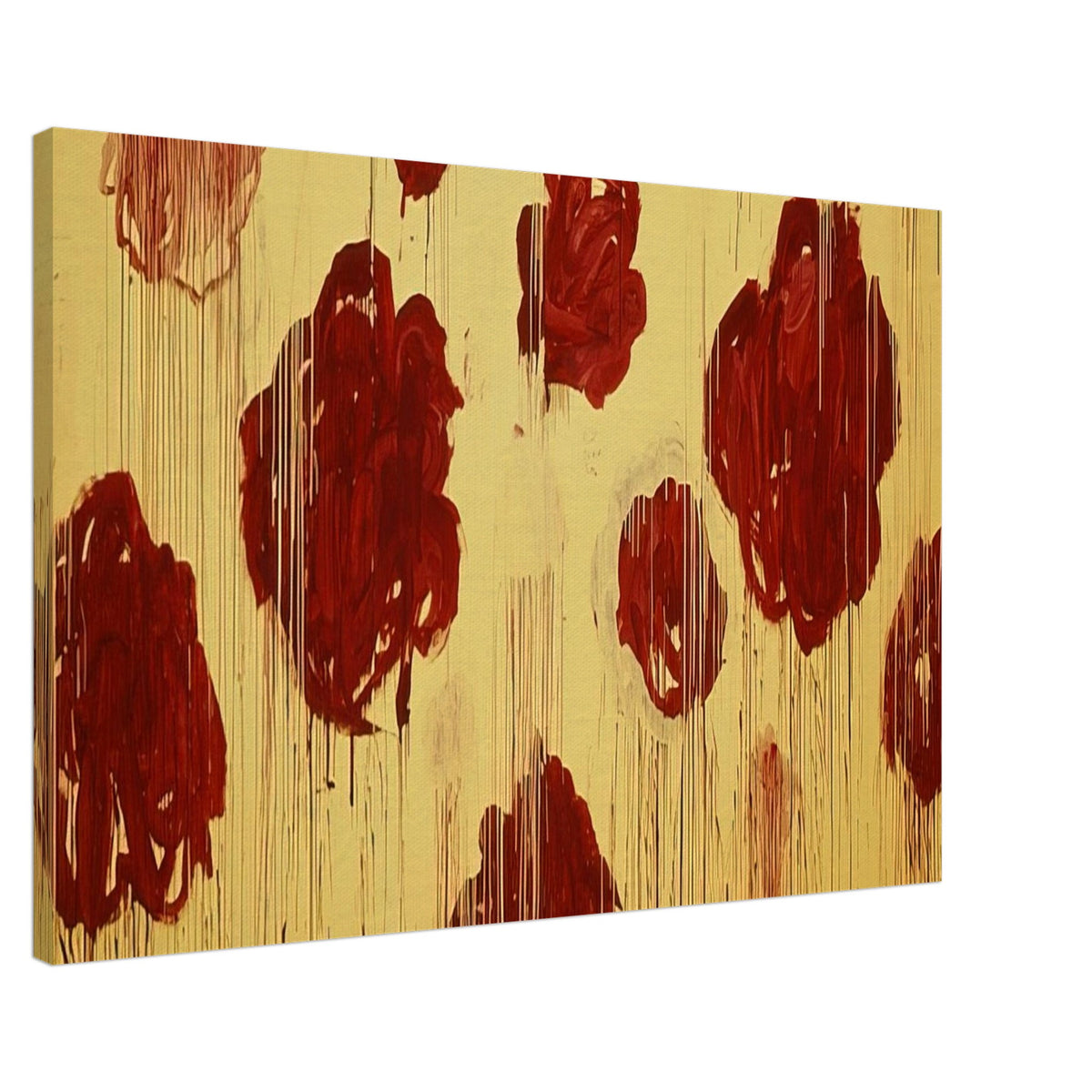 Untitled (Blooming, A Scattering of Blossoms & Other Things) by Cy Twombly canvas print, 50 × 75 cm / 20 × 30 in: This striking composition features vivid red and burgundy forms scattered across a radiant golden-yellow….