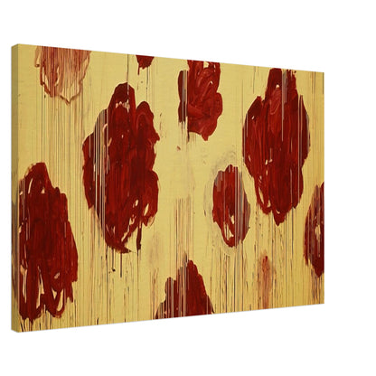 Untitled (Blooming, A Scattering of Blossoms & Other Things) by Cy Twombly canvas print, 50 × 75 cm / 20 × 30 in: This striking composition features vivid red and burgundy forms scattered across a radiant golden-yellow….