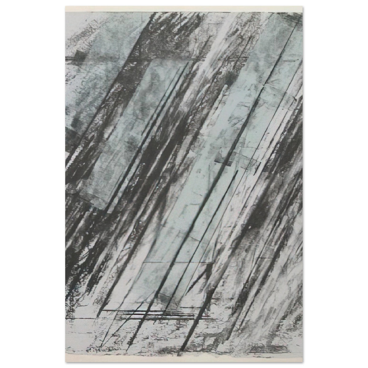 Untitled (Bastian 38) by Cy Twombly, poster, sweeping diagonal strokes, layered black and gray marks, 20x25 cm (8x10 in)