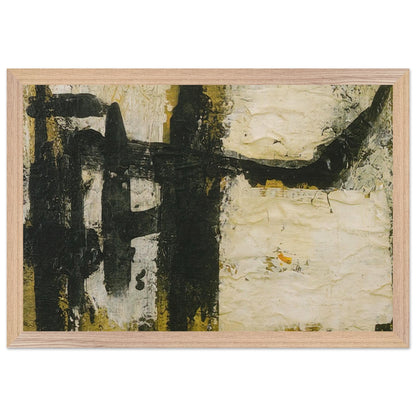 Landscape by Cy Twombly framed art print; featuring bold black and charcoal forms, textured ivory and cream surfaces, and subtle accents of ochre, olive green; size 50 × 70 cm (20 × 28 in); white frame.