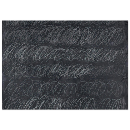 Cold Stream by Cy Twombly poster, 75 × 100 cm / 30 × 40 in: This monochromatic composition features repeated horizontal bands of overlapping white and gray loops….