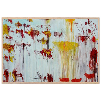 Lepanto, Part X by Cy Twombly framed art print; featuring a luminous pale blue and turquoise background, vivid golden-yellow brushstrokes; size 28 × 43 cm (11 × 17 in); black frame.