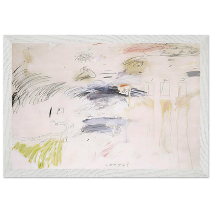 Untitled, Rome by Cy Twombly framed art print; featuring a warm ivory background layered with spontaneous black and charcoal lines, delicate pencil-like gestures; size 50 × 70 cm (20 × 28 in); white frame.