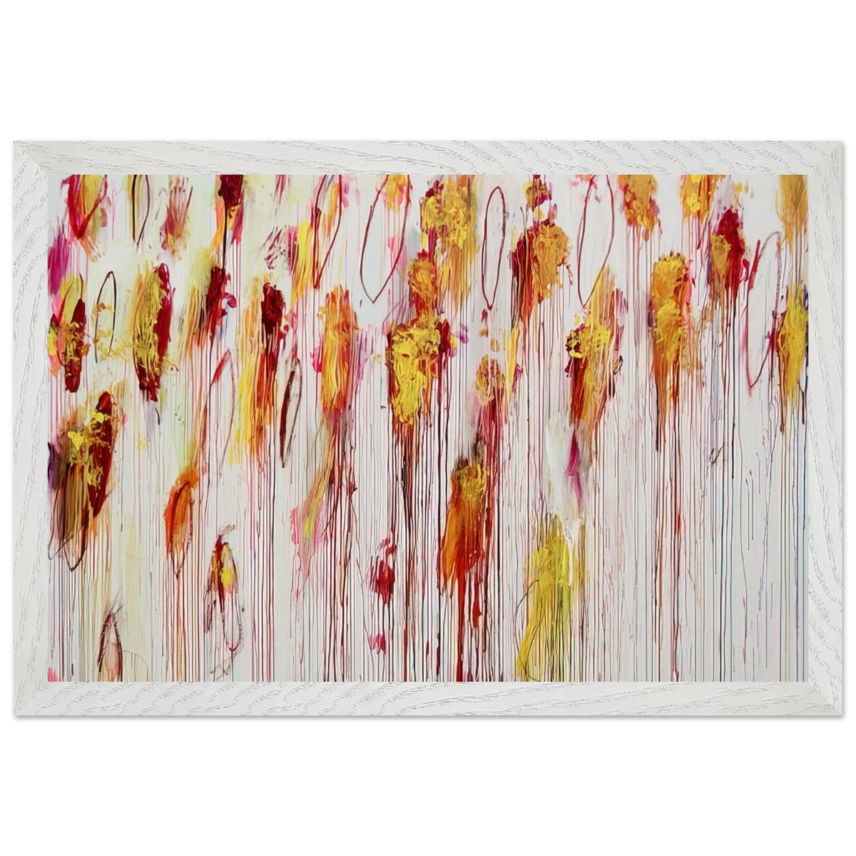 Lepanto, Part VIII by Cy Twombly framed art print; featuring vivid golden-yellow and orange brushstrokes, deep crimson and burgundy accents, delicate pink marks; size 30 × 45 cm (12 × 18 in); white frame.