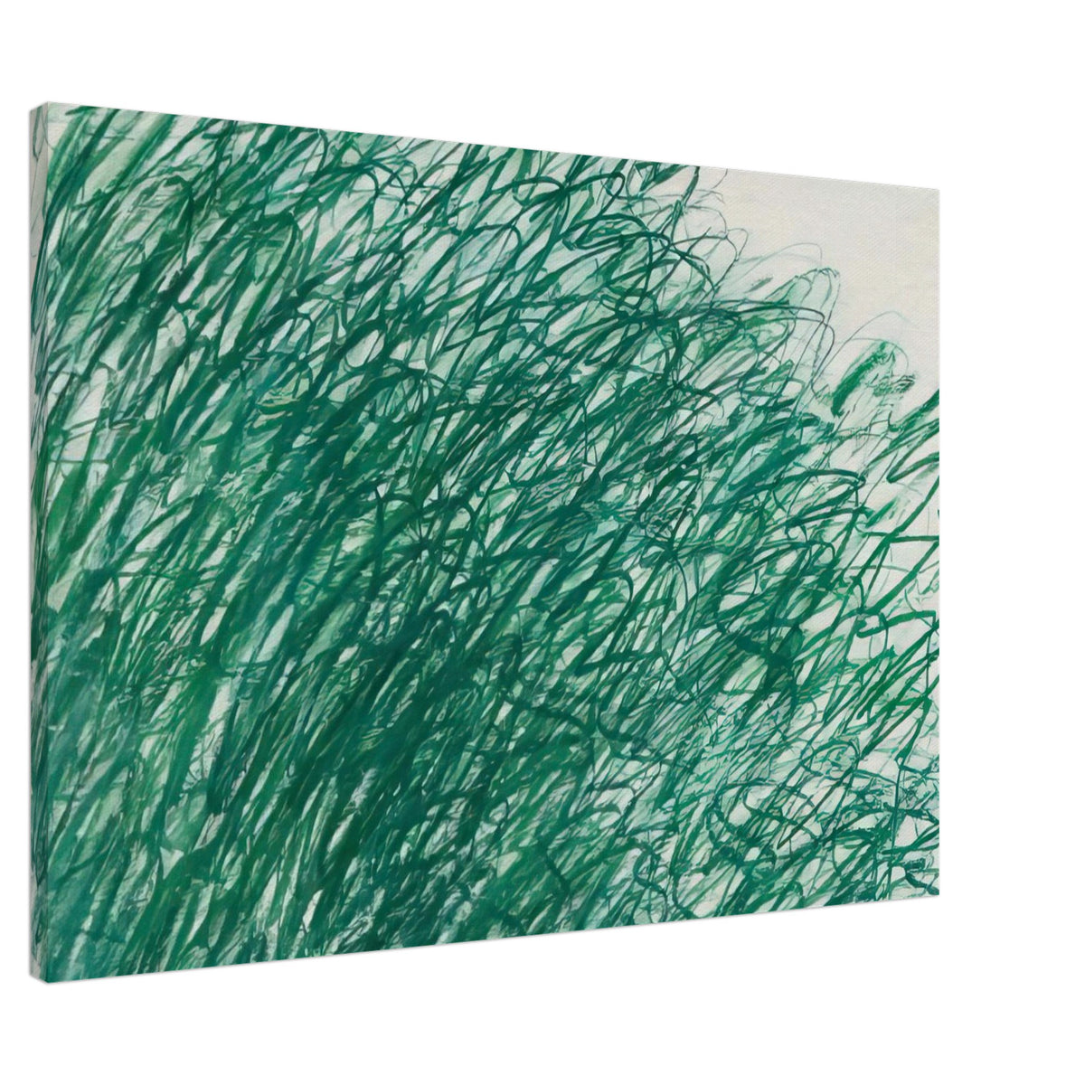 On Returning from Tonnicoda by Cy Twombly canvas print, 40 × 50 cm / 16 × 20 in: a dense network of sweeping green lines, overlapping loops, and spontaneous gestural marks across a pale….