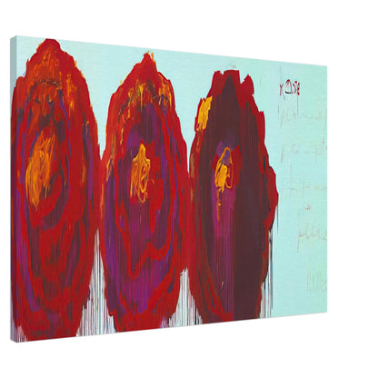 The Rose (IV) by Cy Twombly canvas print, 40 × 50 cm / 16 × 20 in: This striking composition features three large, rose-inspired forms in vivid crimson, red, orange, yellow….
