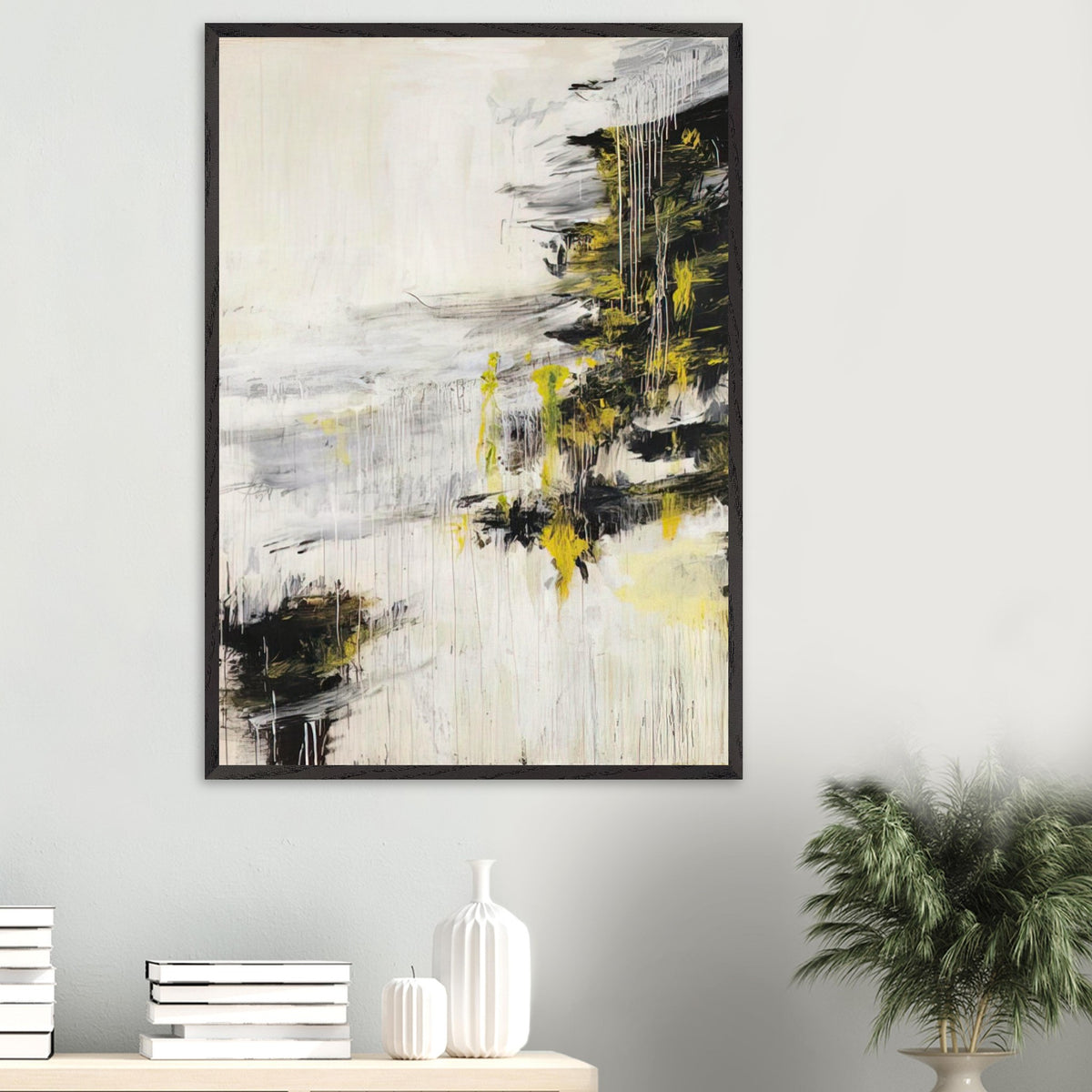 Quattro Stagioni II. Inverno by Cy Twombly, framed art print, bold black brushstrokes, flowing white and gray paint