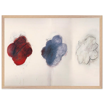 Fifty Days at Iliam: Shades of Achilles, Patroclus, and Hector by Cy Twombly framed art print; featuring three large, cloud-like forms arranged horizontally against a luminous ivory background; size 50 × 70 cm (20 × 28 in); white frame.