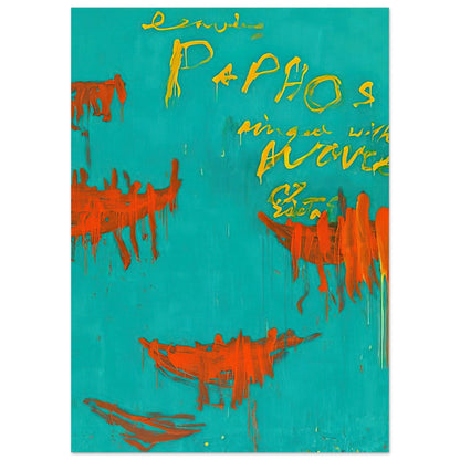 Leaving Paphos Ringed with Waves by Cy Twombly, poster, 75x100 cm / 30x40″; a rich turquoise background with energetic orange-red boat-like shapes and spontaneous yellow handwritten