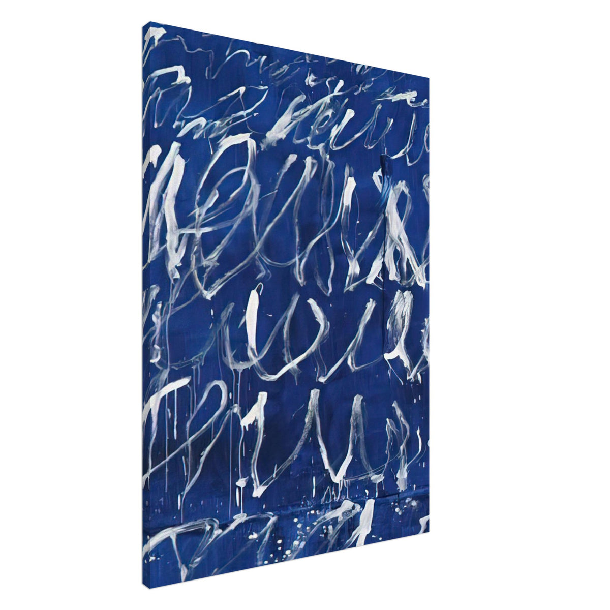 Untitled by Cy Twombly, canvas print, energetic white brushstrokes across a deep blue background, with, 45x60 cm (18x24 in)