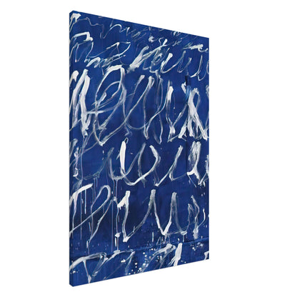 Untitled by Cy Twombly, canvas print, energetic white brushstrokes across a deep blue background, with, 45x60 cm (18x24 in)