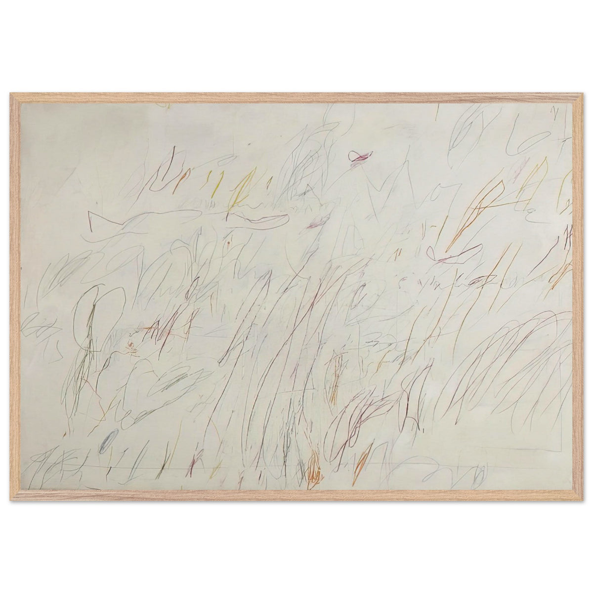Sunset by Cy Twombly framed art print; featuring a soft ivory background covered with delicate pencil marks, flowing curves, spontaneous scribbles; size 70 × 100 cm (28 × 40 in); white frame.