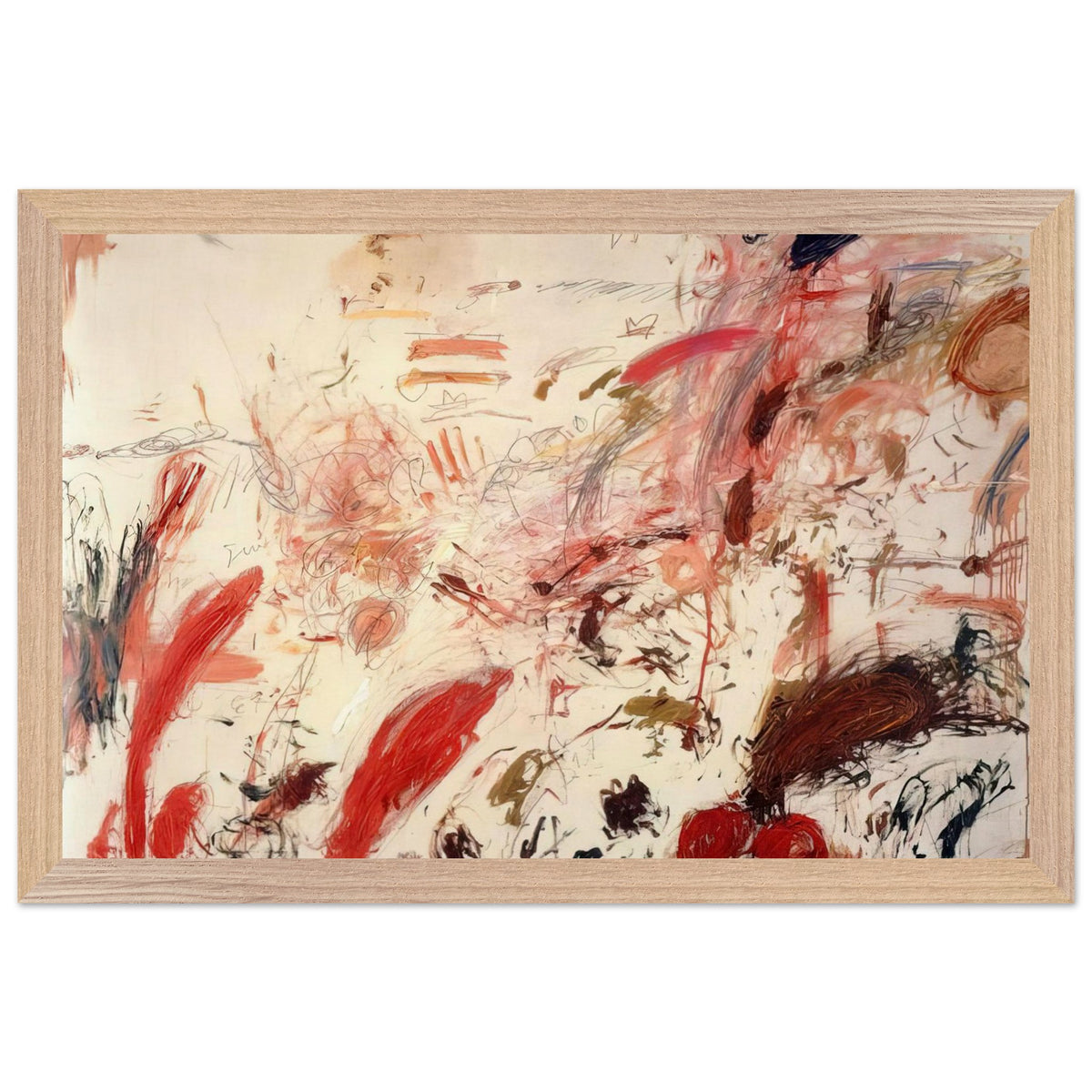 Ferragosto IV by Cy Twombly framed art print; featuring energetic red and pink brushstrokes, sweeping lines, layered marks, and contrasting accents of orange, brown; size 50 × 70 cm (20 × 28 in); black frame.