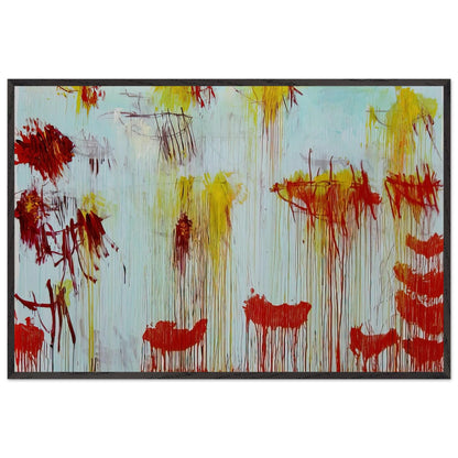 Lepanto, Part XI by Cy Twombly framed art print; featuring a luminous turquoise and pale blue background with vibrant golden-yellow brushstrokes; size 800 × 1200 mm (32 × 48 in); wood frame.