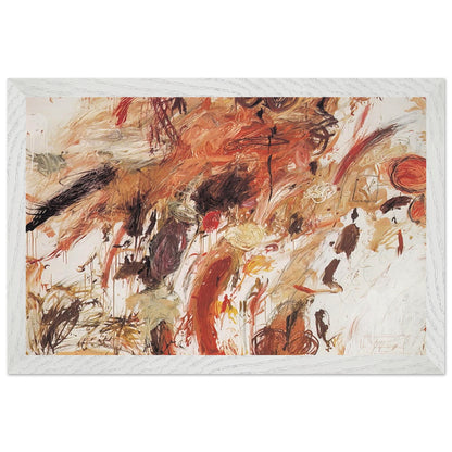 Ferragosto V by Cy Twombly framed art print; featuring energetic brushstrokes, layered pigments, and spontaneous gestures in shades of rust red, burnt orange; size 30 × 45 cm (12 × 18 in); wood frame.