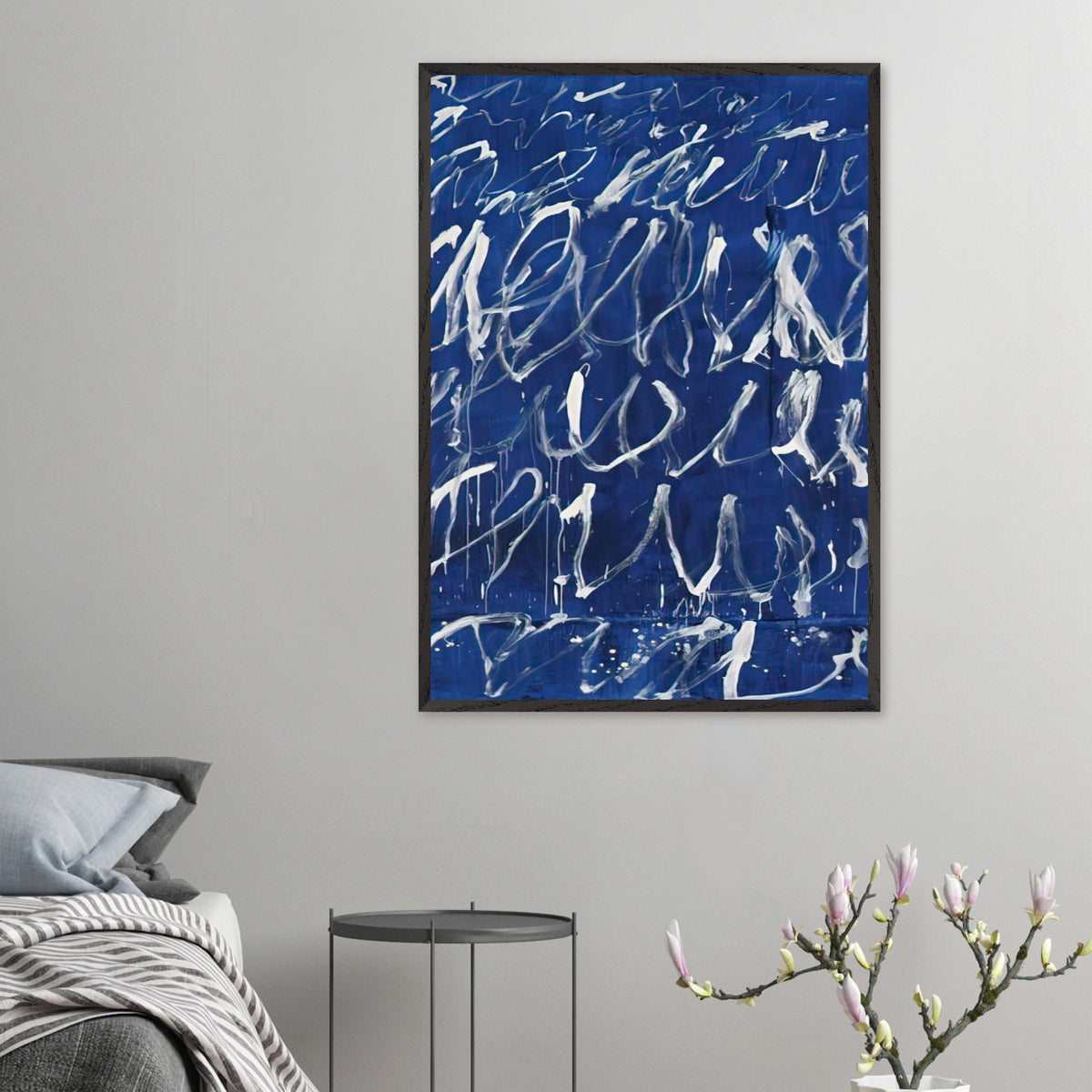 Untitled by Cy Twombly, framed art print, deep blue ground covered with energetic white brushstrokes, looping