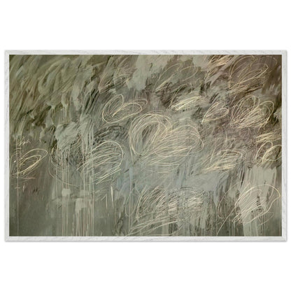 III Notes from Salalah (Note II) by Cy Twombly framed art print; featuring intricate ivory and pale gray looping lines across a richly layered background of muted olive green, gray; size 50 × 70 cm (20 × 28 in); wood frame.