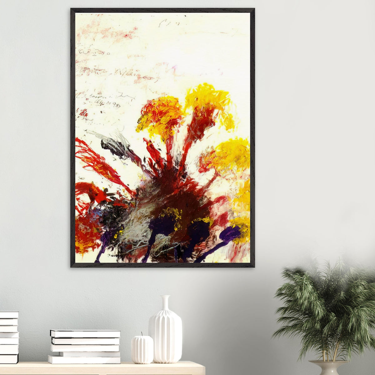 Summer Madness by Cy Twombly, framed art print, energetic red and crimson brushstrokes with bright yellow, orange