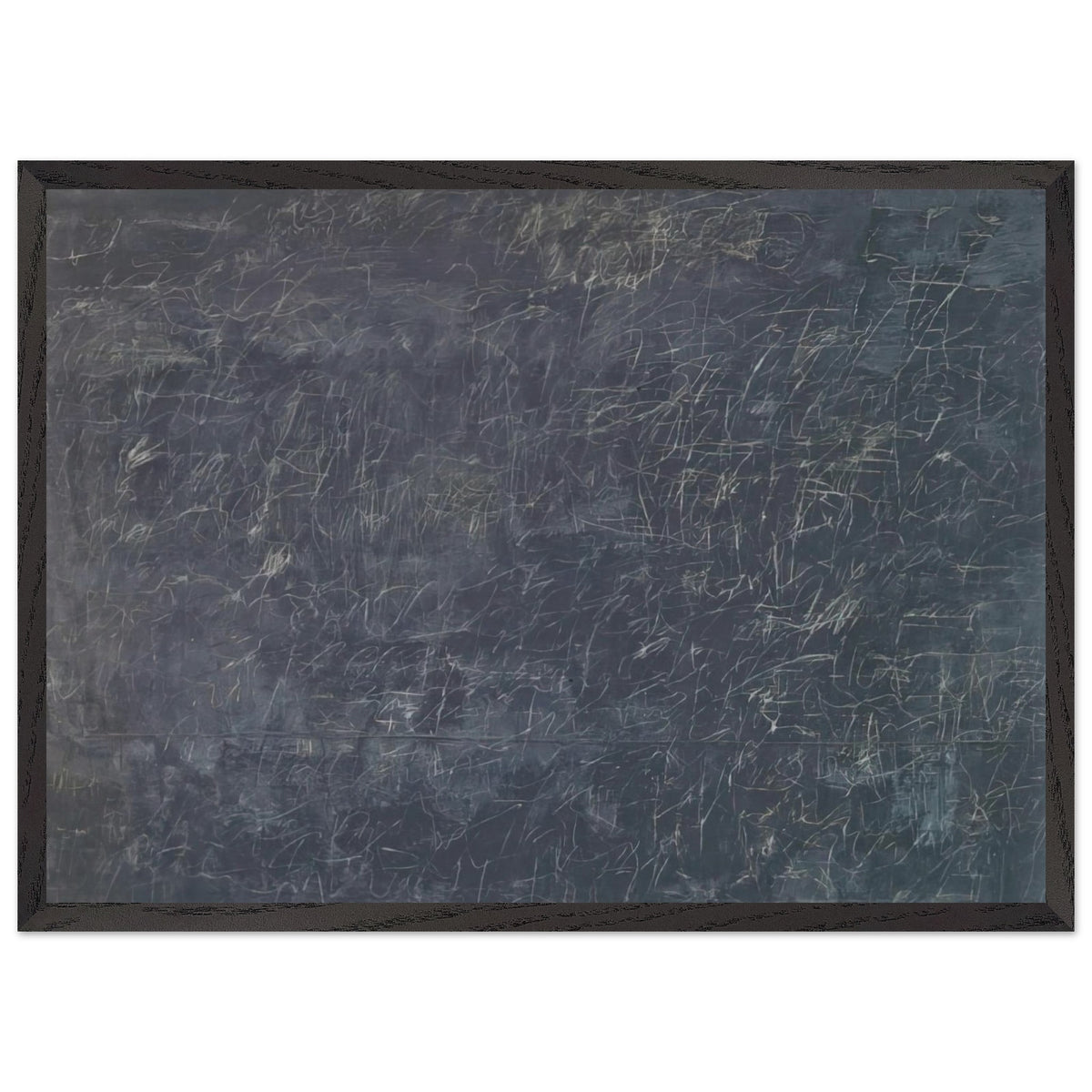 Panorama by Cy Twombly framed art print; featuring a deep charcoal-gray background covered with intricate white and pale-gray scribbles, intersecting lines; size 30 × 45 cm (12 × 18 in); wood frame.