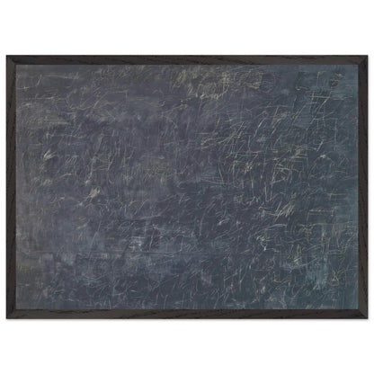 Panorama by Cy Twombly framed art print; featuring a deep charcoal-gray background covered with intricate white and pale-gray scribbles, intersecting lines; size 30 × 45 cm (12 × 18 in); wood frame.