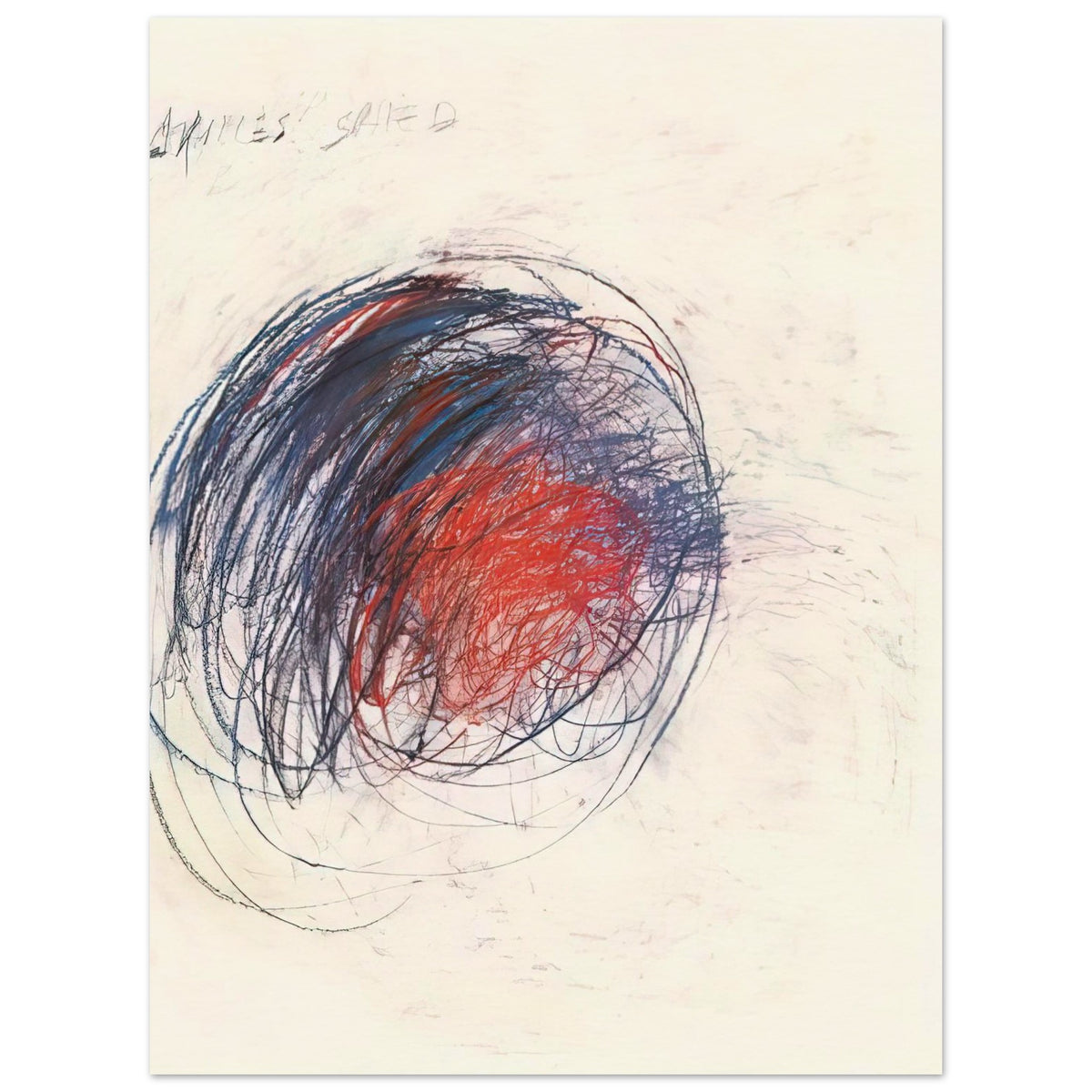 Fifty Days at Iliam: Shield of Achilles by Cy Twombly, poster, 75x100 cm / 30x40″; intricate black lines, expressive red strokes, deep blue accents