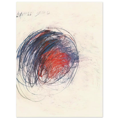 Fifty Days at Iliam: Shield of Achilles by Cy Twombly, poster, 75x100 cm / 30x40″; intricate black lines, expressive red strokes, deep blue accents