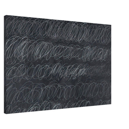 Cold Stream by Cy Twombly canvas print, 50 × 75 cm / 20 × 30 in: repeated rows of overlapping white and gray loops across a deep charcoal-gray background.