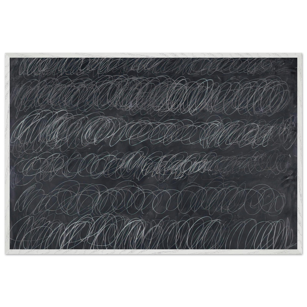 Cold Stream by Cy Twombly framed art print; featuring dense, repeating white and gray scribbled lines arranged in horizontal rows across a deep charcoal-gray; size 800 × 1200 mm (32 × 48 in); wood frame.