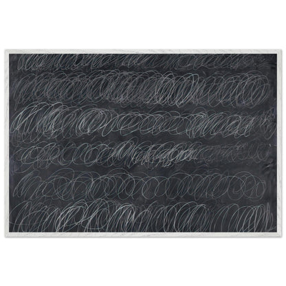 Cold Stream by Cy Twombly framed art print; featuring dense, repeating white and gray scribbled lines arranged in horizontal rows across a deep charcoal-gray; size 800 × 1200 mm (32 × 48 in); wood frame.