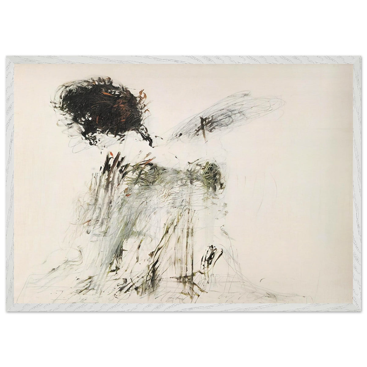 Ides of March by Cy Twombly framed art print; featuring a dramatic mass of black and dark brown marks in the upper-left area, delicate gray lines, earthy green accents; size 30 × 45 cm (12 × 18 in); white frame.