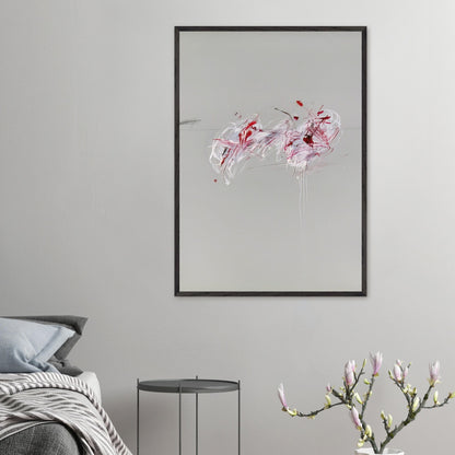 Nine Discourses on Commodus, Part II by Cy Twombly, framed art print; a restrained gray background, expressive red and crimson forms, delicate white brushstrokes, and intricate dark lines